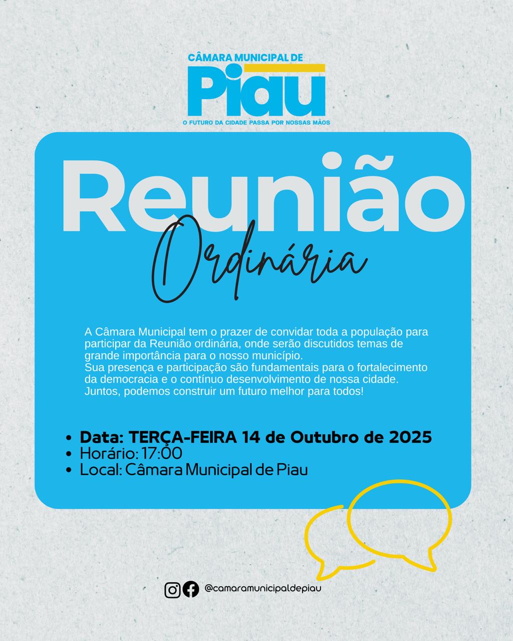 A Câmara Municipal tem o prazer de convidar toda a população para participar da Reunião ordinária,