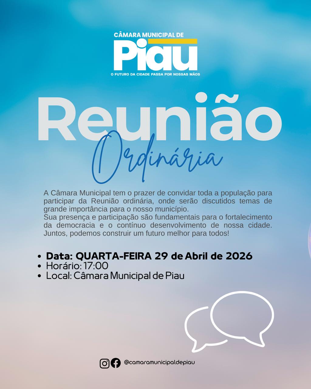 A Câmara Municipal convida toda a população para participar da Reunião Ordinária desta quarta-feira (29), às 17h.