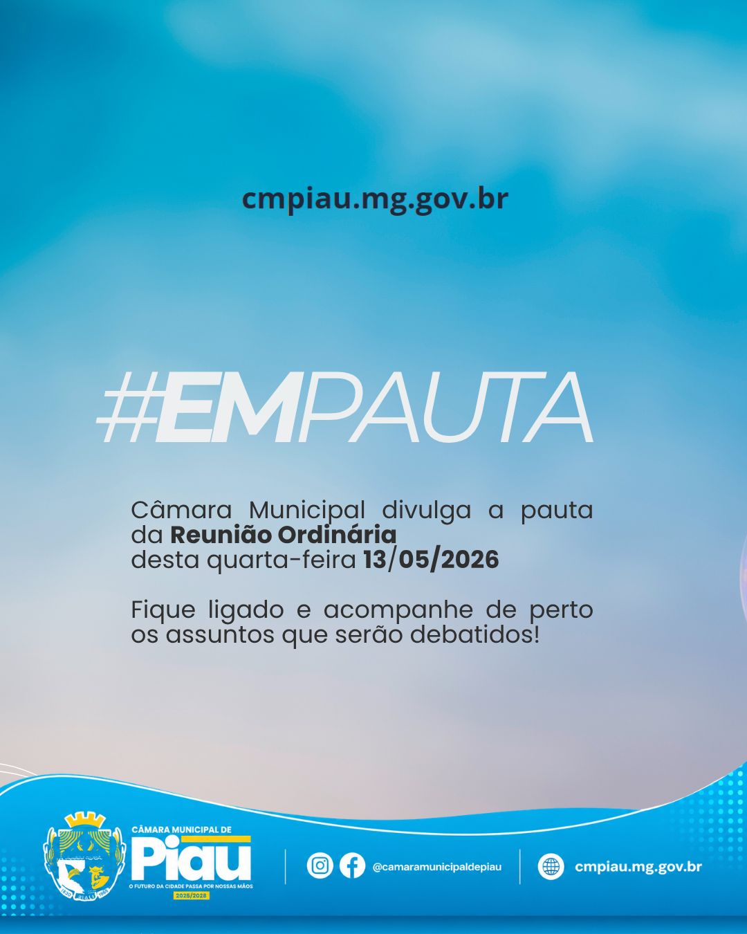 A Câmara Municipal divulga a pauta da Reunião Ordinária  desta quarta-feira 13/05/2026