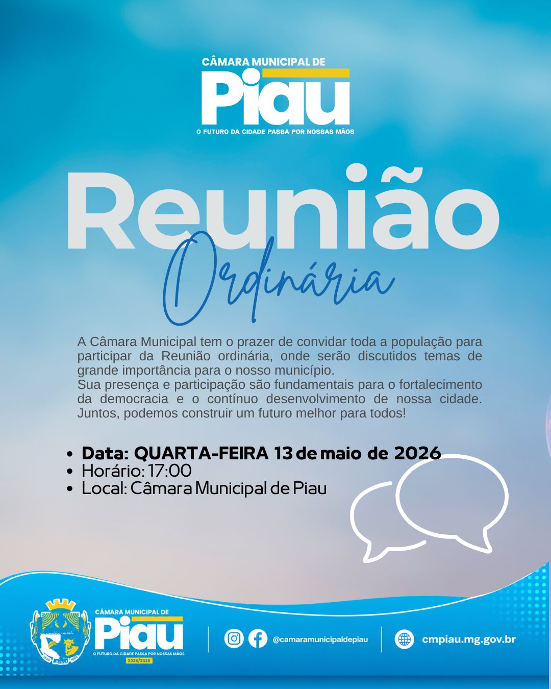 A Câmara Municipal divulga a convida você para a 994ª Reunião Ordinária, que acontece nesta quarta-feira (13/05), às 17h.